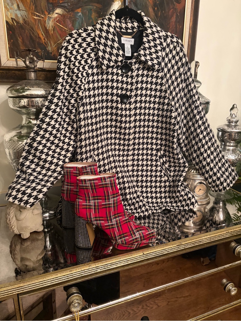 Carmen Marc Valvo Black & White Houndstooth Pea Coat